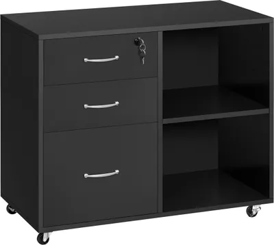 A black mobile filing cabinet with three drawers on the left and two open shelves on the right, shown from a front-side angle.