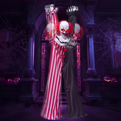 Productafbeelding van 65 inch Halloween hangende enge clowndecoraties met ketting - LED-verlichting pratende animatieronics decor