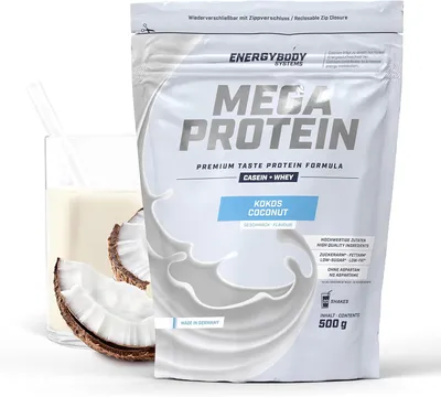 Produktbild von Energybody Mega Protein "Kokos", Proteinpulver mit Whey und Casein, Eiweißpulver, 500 g Beutel