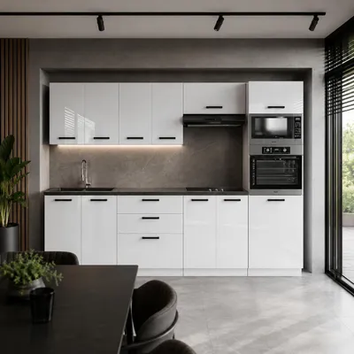 Produktbild von ULWEHOME | Küchenzeile 260 cm Weiß Hochglanz, Küchenmöbel-Set mit Backofen-Mikrowellen-Hochschrank & geteilten Arbeitsplatten 120 cm