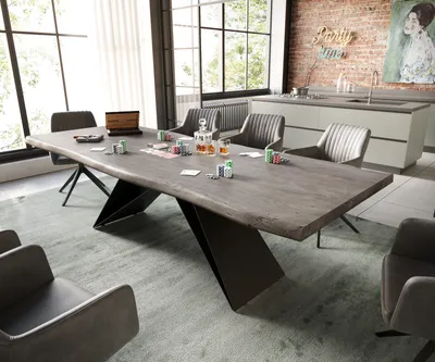 Produktbild von DELIFE Esstisch Edge 260x100 XL Akazie Platin V-Gestell Flachstahl Schwarz Live-Edge