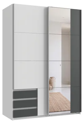 Obrázek produktu pro Zavěsná skříňka s dvířky, 2 zásuvky, šatní skříň, 135 cm, bílá, šedá, zásuvky se zrcadlem / 22675