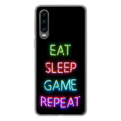 Produktbild von MuchoWow® Handyhülle Schutzhülle Hülle für Huawei P30 Gaming - Led - Zitat - Eat sleep game repeat - Gaming Silikon Softcase Handy Hülle - Kartenbesitzer
