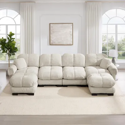 Zdjęcie produktu dla Czteroosobowa sofa w kształcie litery U z tkaniny szenilowej, z 2 ruchomymi pufami, pikowana, kolor khaki