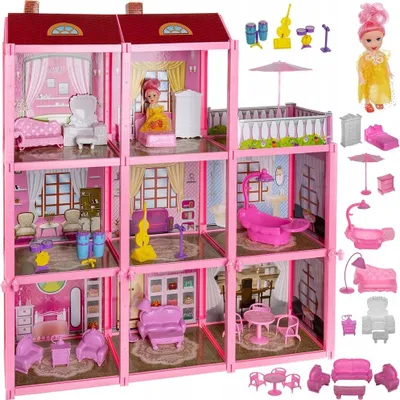 A dollhouse with multiple rooms and furniture, along with accessories and a doll, displayed against a white background.