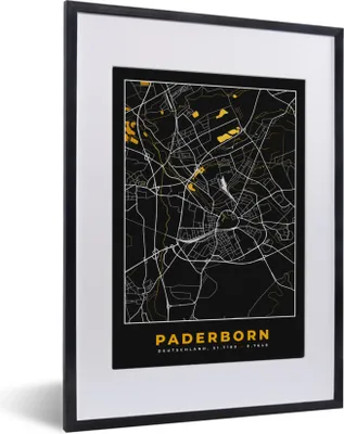 Produktbild von MuchoWow® Gerahmtes Poster Schwarz und Gold - Stadtplan - Paderborn - Deutschland - Karte 30x40 cm - Poster mit Schwarzem Bilderrahmen Wandposter Rahmen Foto Bilder - Wandposter Schlafzimmer