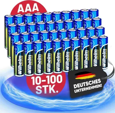 A collection of AAA batteries arranged in rows, with promotional text and a German flag tag.