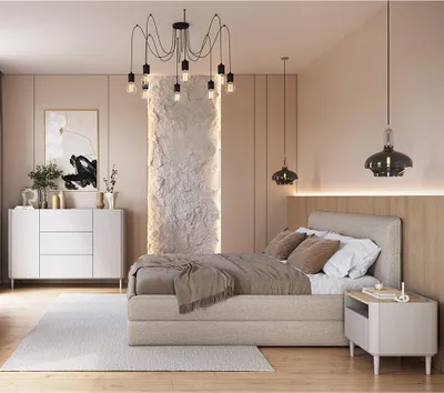 Produktbild von Schlafzimmer Set in Beige mit Eiche, Holzfüße, 2 Nachtschränke & Kommode, 3-teilig - ELOY-141
