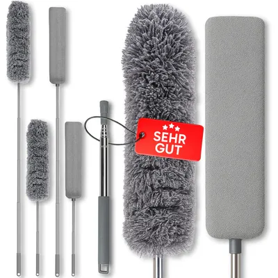 Produktbild von Teleskop Staubwedel mit 4 Köpfe (2 Rund & 2 Länglich) bis 250 cm Staubwischer Teleskopwedel Teleskopstiel Handstaubwischer für Schmale, Retoo