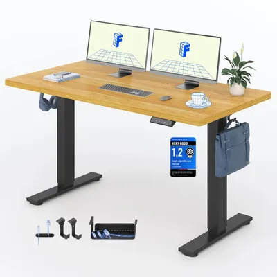 Image de Bureau réglable en hauteur FLEXISPOT EN1 140 x 80 cm, capacité de charge 100 kg, avec protection anti-collision, plateau en une seule partie, 4 fonctions mémoire (érable)