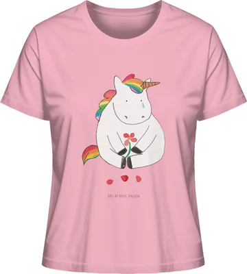 Produktbild von Mr. & Mrs. Panda Damen Oberteil Einhorn Traurig Größe XL - Baumwolle Pink - Geschenk, Unicorn, Einhörner, Freunde, Grußkarte, Blume, Liebe, Jersey Shirt, Basic T-Shirt