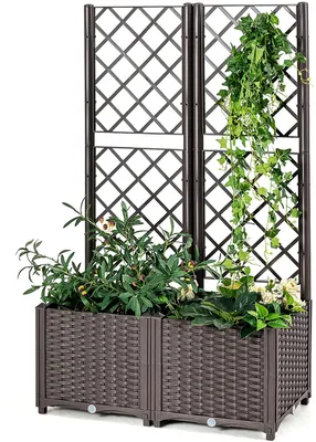 Produktbild von GOPLUS Blumenkasten mit Rankgitter, Hochbeet mit Spalier für Kletterpflanzen & Topfpflanzen, Tiefes Pflanzbeet mit Drainagelöchern für Balkon Hinterhof Garten (40 x 40 x135 cm)