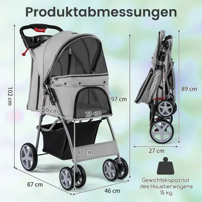 Image de Poussette pour animaux avec fenêtres en filet et porte-gobelet, grise, capacité de charge : 15 kg