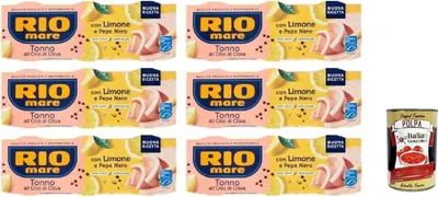 Produktbild von Rio Mare Thunfisch in Olivenöl mit Zitrone & Schwarzem Pfeffer, 6x Packung à 3x65g (18 Dosen, 1,17kg) verzehrfertig für Salate & Pasta + Italian Gourmet polpa