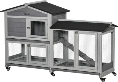Image de PawHut Clapier bois pour lapins petit enclos animaux villa pour lapin sur roulettes 2 šŠtages 3 plateaux coulissants 157,4 x 53 x 99,5 cm gris