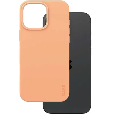 A peach-colored iPhone case is shown in front of a black iPhone.