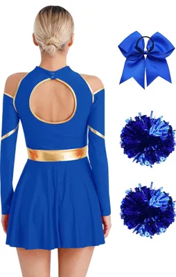 Produktbild von Damen Cheerleader Kostüm Größe S – Langarmig Cheerleading Uniform mit Pompoms & Haarband Perfekt für Halloween, Karneval & Party & Tanzauftritte
