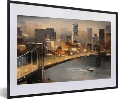 Produktbild von MuchoWow® Gerahmtes Poster Gemälde - Öl - Skyline - Stadt - Wasser 60x40 cm - Poster mit Schwarzem Bilderrahmen Wandposter Rahmen Foto Bilder - Schlafzimmer - Plakat in Rahmen - Drucken