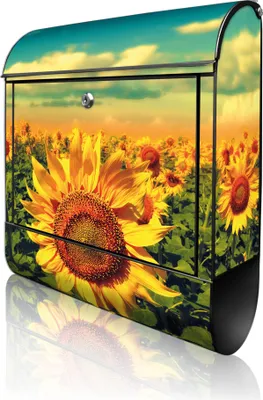 Zdjęcie produktu dla banjado Design Skrzynka pocztowa stalowa czarna z przegródką na gazety, malowana proszkowo „Sonnenblumen” 38 x 46 x 12,5 cm i 2 klucze – skrzynka pocztowa A4 z otworem na listy, wraz z materiałami montażowymi [BK 10886]