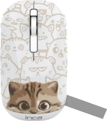 A white computer mouse with a cat-themed design and a gray strap.