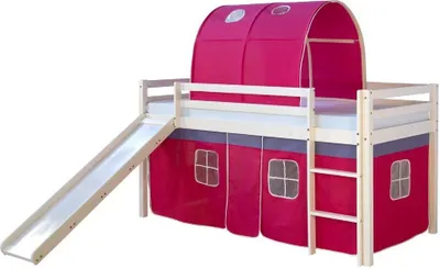 Produktbild von Homestyle4u Kinder Hochbett Mit Rutsche Leiter Vorhang Pink Massivholz Kiefer Weiß 90x200 cm