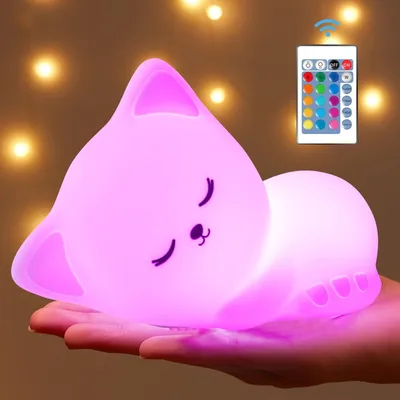 Produktbild von LED Nachtlicht, 16 Farben 5 Helligkeit dimmbar süßes Schlaflicht, Kinderzimmer tragbare Schlafhilfe Stilllicht, USB-Aufladung, Fernbedienung(Katze)