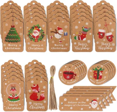 Productafbeelding van 50st vintage kerstcadeaulabels met touwtje - Diverse vormen kerstnaamlabels kraftpapierlabels