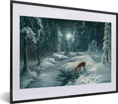 Produktbild von MuchoWow® MuchoWow® Gerahmtes Poster Winter - Malerei - Hirsche 40x30 cm - Poster mit zchwarzem Bilderrahmen - Bilderrahmen - Poster im Rahmen