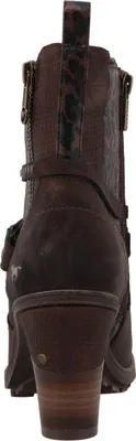 The back view of a brown leather boot with a stacked heel.