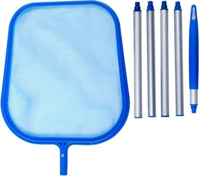 A pool skimmer net with a detachable handle is laid out on a white background.