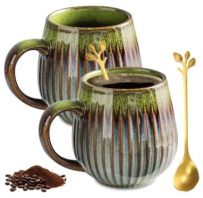 Keramik-Kaffeetassen 480 ml, 2er-Set mit 2 goldenen Löffeln