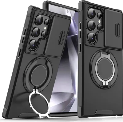 Obrázek produktu pro Dvouvrstvé pouzdro pro Samsung Galaxy S24 Ultra, s posuvným krytem fotoaparátu a magnetickým kroužkovým stojánkem Černý