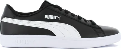 A studio shot of a black Puma Smash v2 L sneaker with white accents.