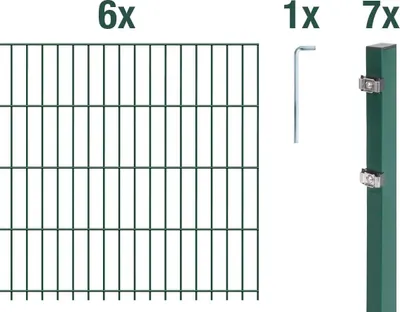 Produktbild von Alberts Doppelstabmattenzaun 6-5-6, Matten 2,50 m, Höhe 1,83 m, Länge 15 m, grün, Zaun als Komplettset, Pfosten mit Klemmlasche 60x40 mm