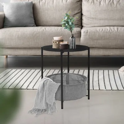 Produktbild von ML-Design Beistelltisch rund mit Stoffkorb & abnehmbarer Tablett, Couchtisch aus Metall