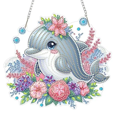 Image de Kit de création de pendentif "Diamond Painting" en forme de dauphin et de fleur, avec chaîne, pour enfants et adultes