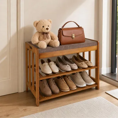 Produktbild von Schuhbank gepolstert 50cm Sitzbank mit Stauraum 2 Ebenen Schuhregal Flur