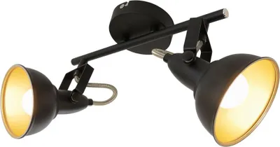 A black metal ceiling lamp with two adjustable spotlights, shown against a white background.