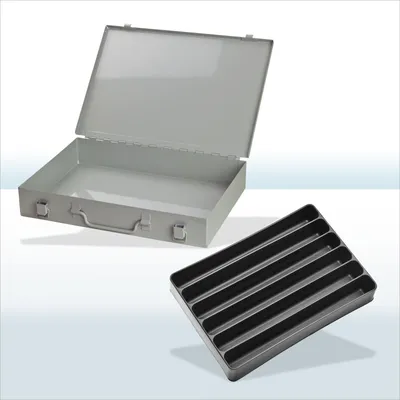 A metal storage box with its lid open and a separate tray with compartments are shown against a light blue and white background.
