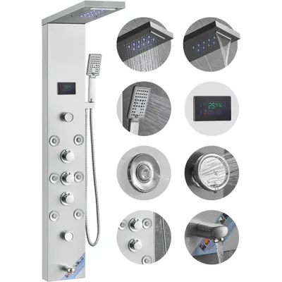 Immagine prodotto di Sistema di pannelli doccia ''LuxeRain'' - 6 modalità di doccia - torre di pannelli doccia a LED e schermo d'acqua - pioggia/cascata - 8 getti massaggianti - bocca da bagno - doccetta - set doccia a parete in acciaio inox.