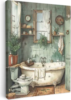 Produktbild von MuchoWow® - Leinwandbilder - Vintage - Badewanne - Badezimmer - Illustration, Wandbild, Wanddeko Bilder Wohnzimmer, 30x40 cm
