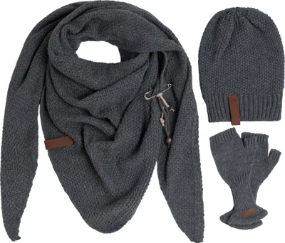 Produktbild von Knit Factory Coco Dreiecksschal, Coco Mütze & Cleo Handstulpen - Anthrazit
