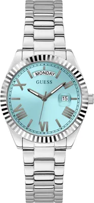 A close-up studio shot of a silver and blue Guess watch.