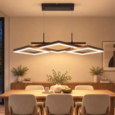 Image de Suspension ZMH pour salle à manger, lampe pendante noire avec LED, 3 abat-jour, design bois, 58 cm, réglable en hauteur. Lampe pour table à manger, idéale pour la cuisine