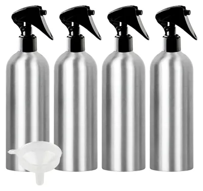 Produktbild von 4 Stück 500ml Aluminium Sprühflaschen mit schwarzem Sprüher und 1 Trichter