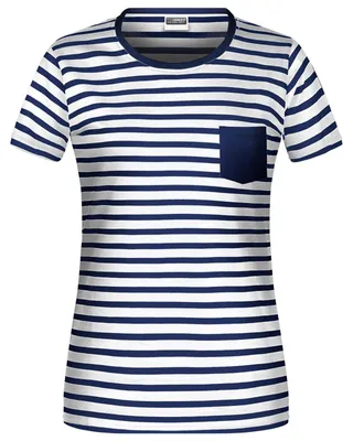 Produktbild von James & Nicholson Damen T-Shirt mit Streifen und Brusttasche - Maritim gestreiftes Kurzarm-Shirt aus Baumwolle in White-Navy Größe S
