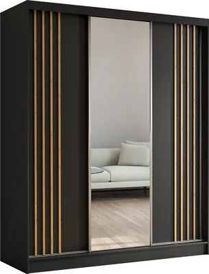 Produktbild von Masseno Schiebetürenschrank NELVIA 180 cm Kleiderschrank Schlafzimmer Schrank 3-türig mit Spiegel und Lamellen Schwarz