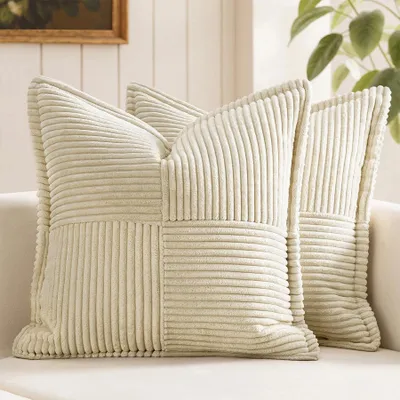 Produktbild von Set mit 2 Kissenbezügen aus Cord, 45 x 45 cm, gestreift, weich, dekorativ für Sofa und Wohnzimmer