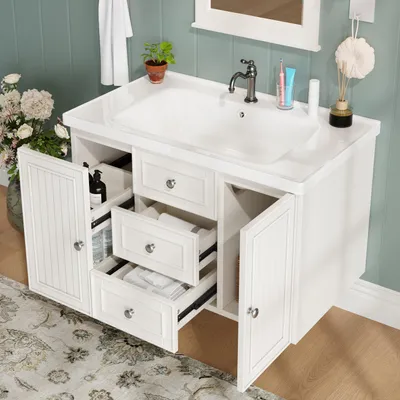 Image de Meuble-lavabo suspendu 78,5 x 46 cm, blanc – Meuble de salle de bains avec 3 tiroirs et lavabo en céramique intégré, MDF et métal