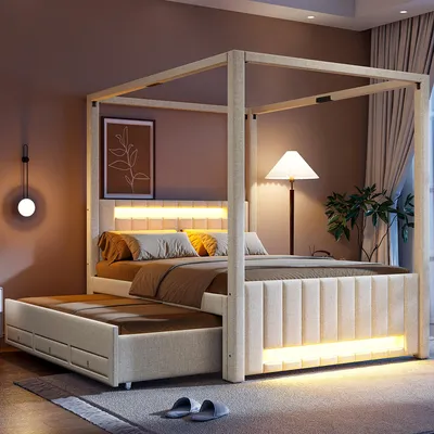 Produktbild von 140x200 cm großes Polster-Himmelbett mit Ausziehbett und drei Schubladen, LED-Beleuchtung Beige